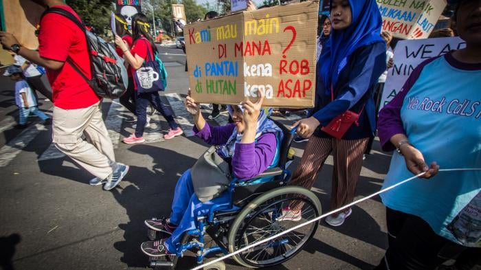 Environmental activists with disabilities take part in a global climate strike