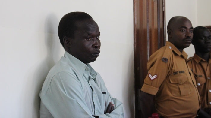 Thomas Kwoyelo at the opening of his trial at the International Crimes Division of the High Court in Gulu, Uganda on September 24, 2018.