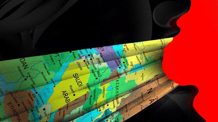 Illustration of a map being used to bind someone's mouth