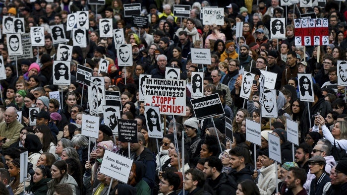 Demonstrators mark the anniversary of a far-right extremist attack on February 19, 2020 in Hanau, Germany, that killed nine persons of predominantly Muslim background, February 17, 2024.