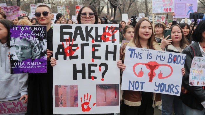 Activists hold a rally to support women's rights on International Women's Day in Almaty, Kazakhstan, March 8, 2023.