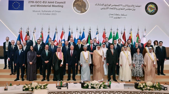 Participants in the 27th Joint GCC-EU Ministerial Council pose for a group photo in Muscat on October 10, 2023. 