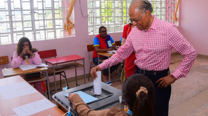 Navin Ramgoolam, now Prime Minister of Mauritius, casts his ballot during the 2024 Mauritian general election at a polling station in Port Louis on November 10, 2024.
