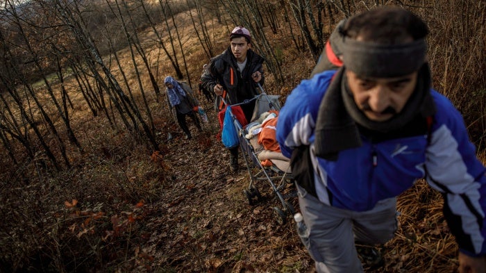 A family walking through a forest