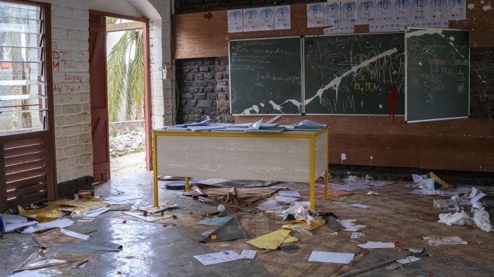 A primary school devastated after Cyclone Chido in Doujani, in Mamoudzou, Mayotte, December 27, 2024. 
