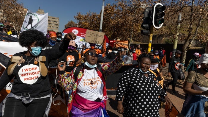 Sex workers and supporters attend a march calling for decriminalization of sex work in Johannesburg, South Africa, May 27, 2021.