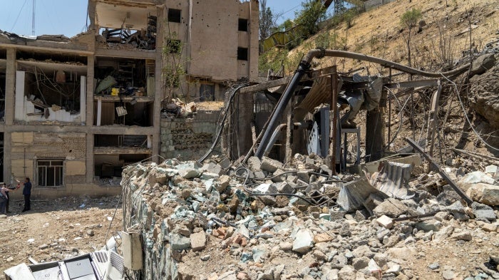 An external view of the destruction of buildings in Evin prison's northern premises after the Israeli strikes on June 23, 2025 in Tehran, Iran.  Photo taken on July 1, 2025. 