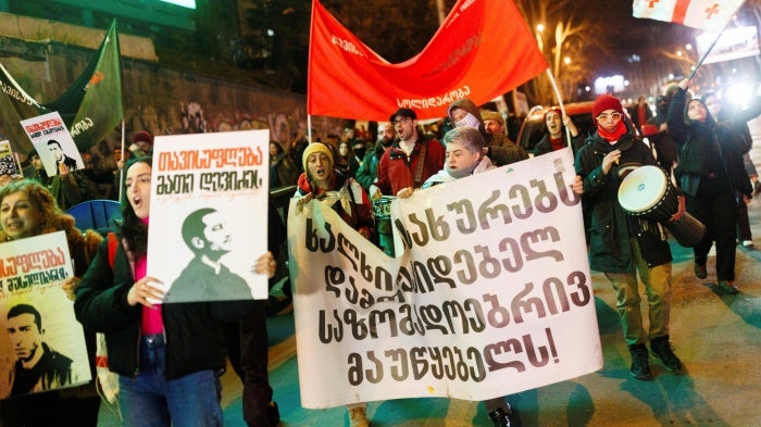 People march in support of an independent public broadcaster in Tbilisi, Georgia. March 7, 2025.