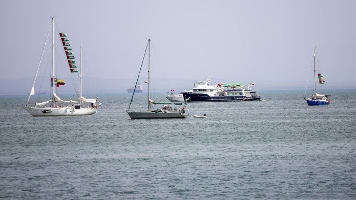 Ships that are part of the Global Sumud Flotilla heading to Gaza are anchored off the coast of Sidi Bou Said in Tunis, Tunisia, September 9, 2025. 