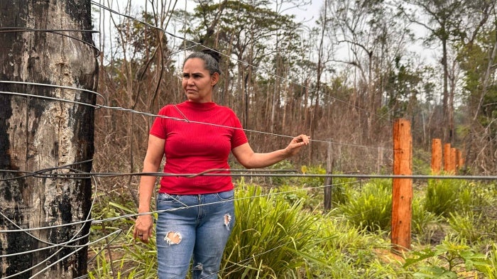 A woman stands in the forest with her hand on a wire fence.