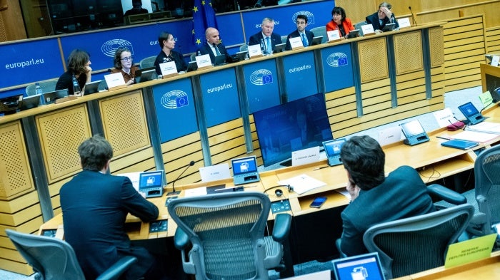 The European Commissioner for Democracy and Justice and the Rule of Law and Consumer Protection Michael Mcgrath at the meeting of the Committee on Legal Affairs in the European Parliament an institution of the European Union in Brussels in Belgium, January 29, 2025. 