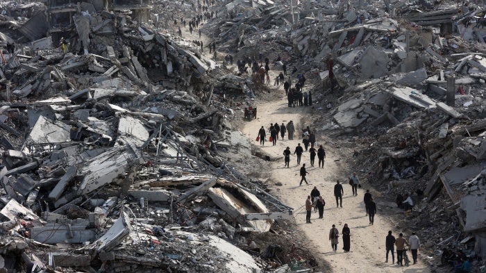 Displaced Palestinians returning to the Jabalia refugee camp in the northern Gaza Strip on January 19, 2025. 