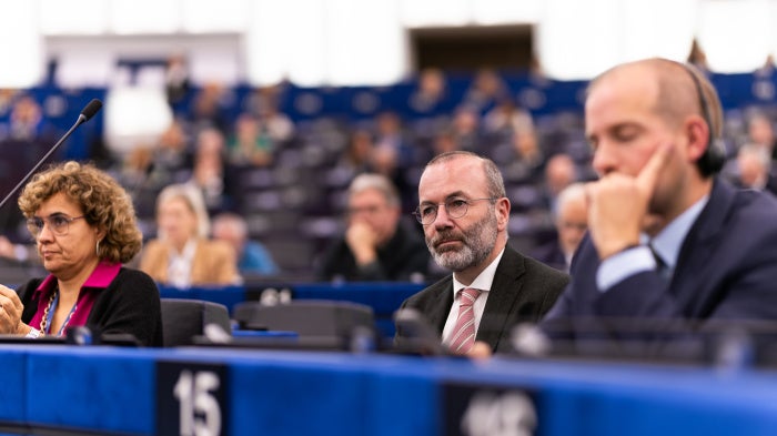  Chairman of the EPP Group, Manfred Weber (C), during a plenary session of the European Parliament in Strasbourg, France, October 6, 2025.