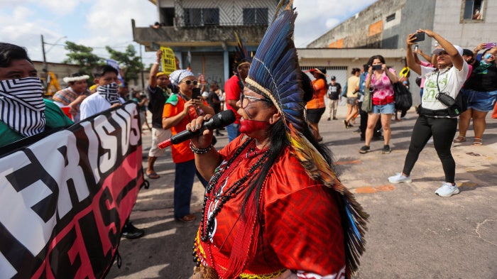 Indigenous people attend a protest to call for climate justice and territorial protection during the U.N. Climate Change Conference (COP30), in Belem, Brazil, November 17, 2025. 