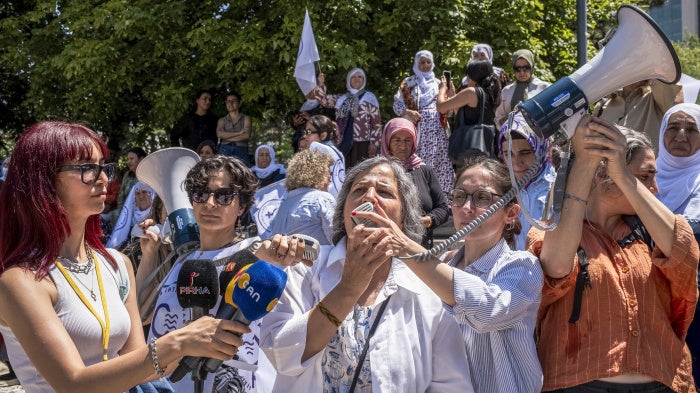 People march in front of the Turkish Grand National Assembly in Ankara during a demonstration organized by the "I Need Peace Women's Initiative”, July 8, 2025. 