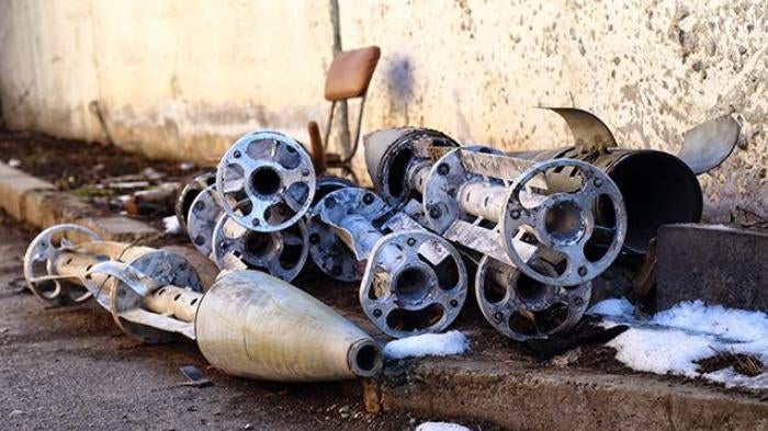 Remnants of Uragan cluster munition rockets collected by rebel fighters after attacks on Starobesheve on February 6 and 7.