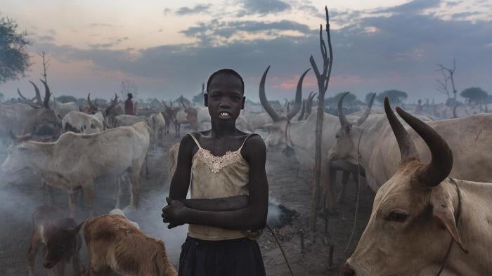 A young, unmarried girl stands amid a herd of cattle outside Bor, the capital of Jonglei State.  Cattle carry significant social, economic, and cultural importance for South Sudan's pastoralist ethnic groups, which use cows for payment of dowry.