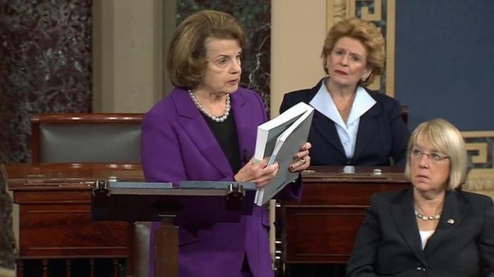 Senate Intelligence Committee Chairwoman Dianne Feinstein (D-CA) (L) discusses a newly released Intelligence Committee report on the CIA's anti-terrorism tactics.