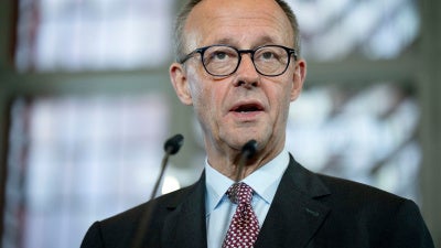 Friedrich Merz während seines offiziellen Besuchs als Bundeskanzler im Roten Rathaus, Berlin, Deutschland, 3. Dezember 2025.