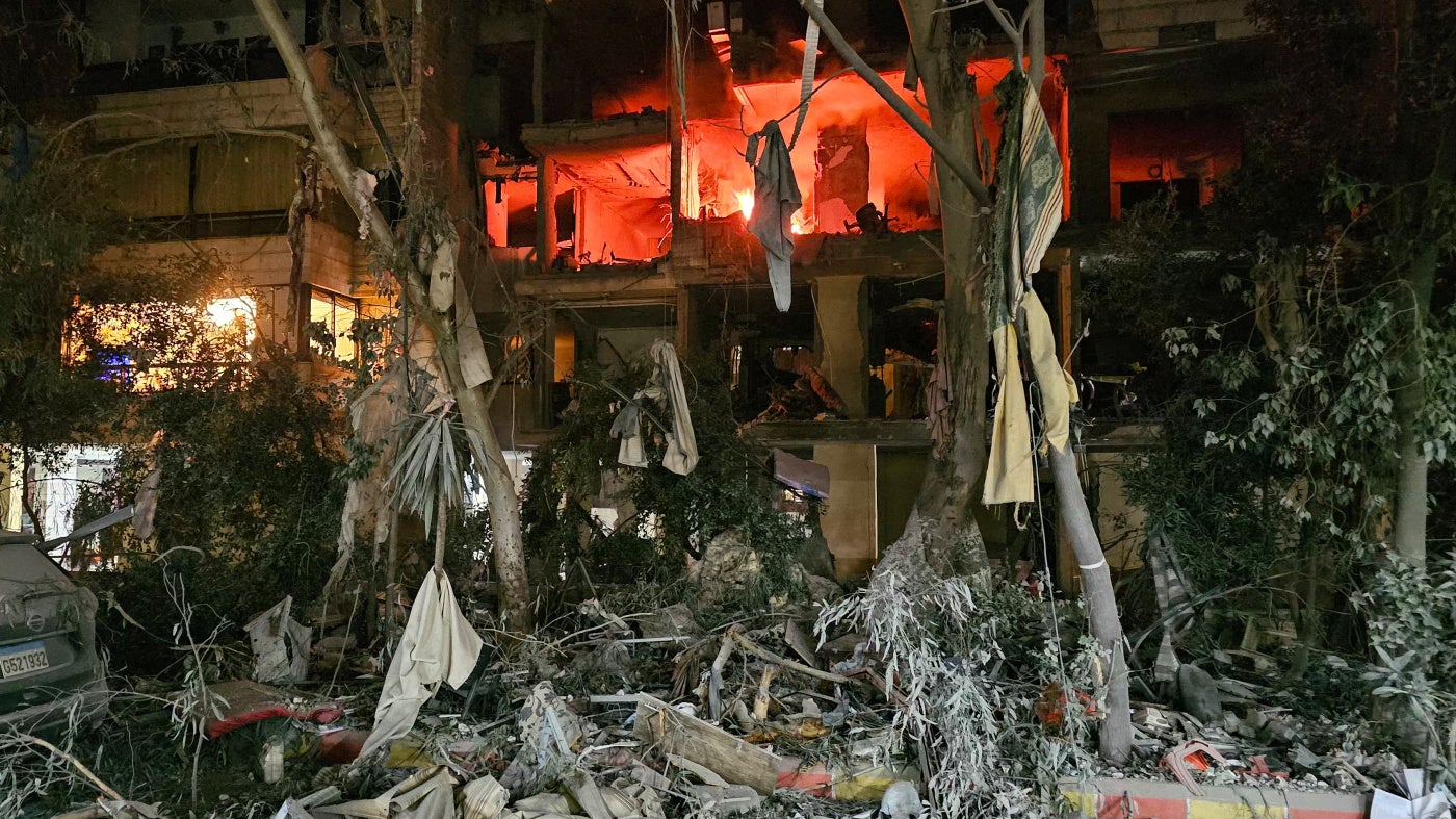 A damaged building is on fire after an Israeli airstrike in Beirut's southern suburb of Haret  Hreik, March 2, 2026.