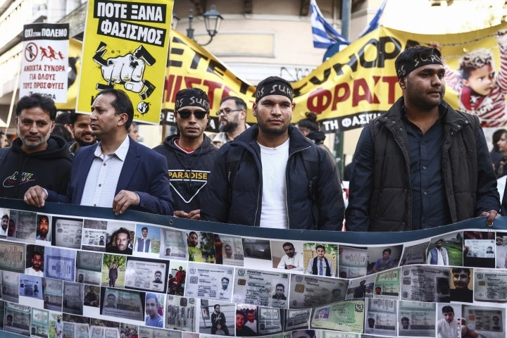 Pylos shipwreck survivors attend anti-racist and anti-fascist rally in Athens, Greece on March 16, 2024. 