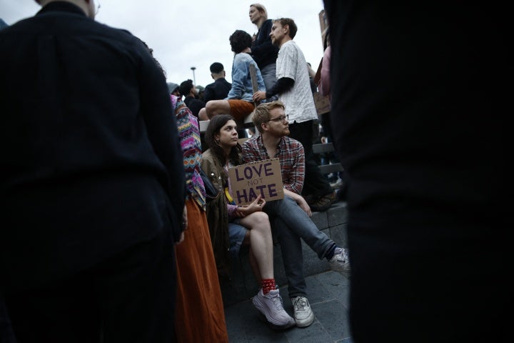 Protesters during a counter demonstration against an anti-immigration protest called by far-right activists in the Walthamstow suburb of London, UK, August 7, 2024.