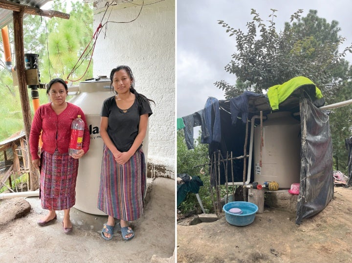 Left: 2 women stand in front of a cistern; Right: A cistern 