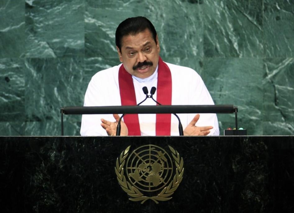 Mahinda Rajapaksa speaks at UN headquarters in New York, September 22, 2010.