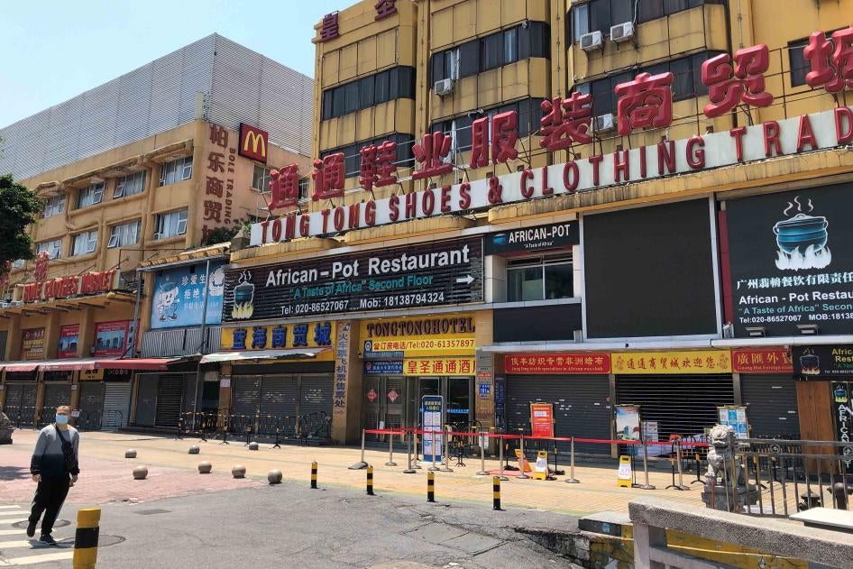 An African restaurant is closed off along with other businesses in Guangzhou's Sanyuanli area, where a neighborhood is in lockdown after several people tested positive for the novel coronavirus disease, in Guangzhou, Guangdong province, China, April 13, 2020. 