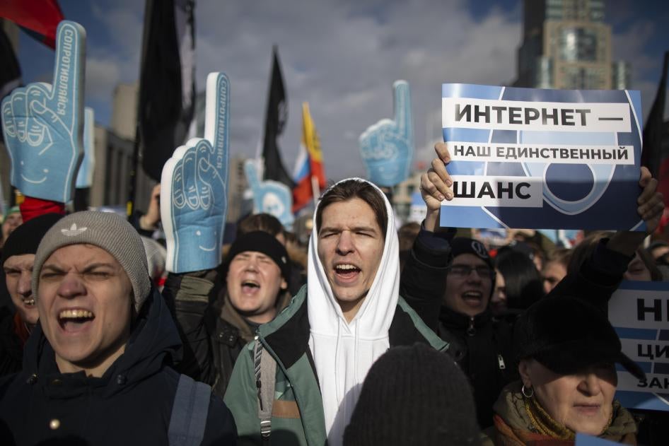 Demonstrators, with a poster on the right reading "internet is our only chance," attend the Free Internet rally in response to a bill making its way through parliament calling for all internet traffic to be routed through servers in Russia— making VPNs (virtual private networks) ineffective, in Moscow, Russia, Sunday, March 10, 2019.