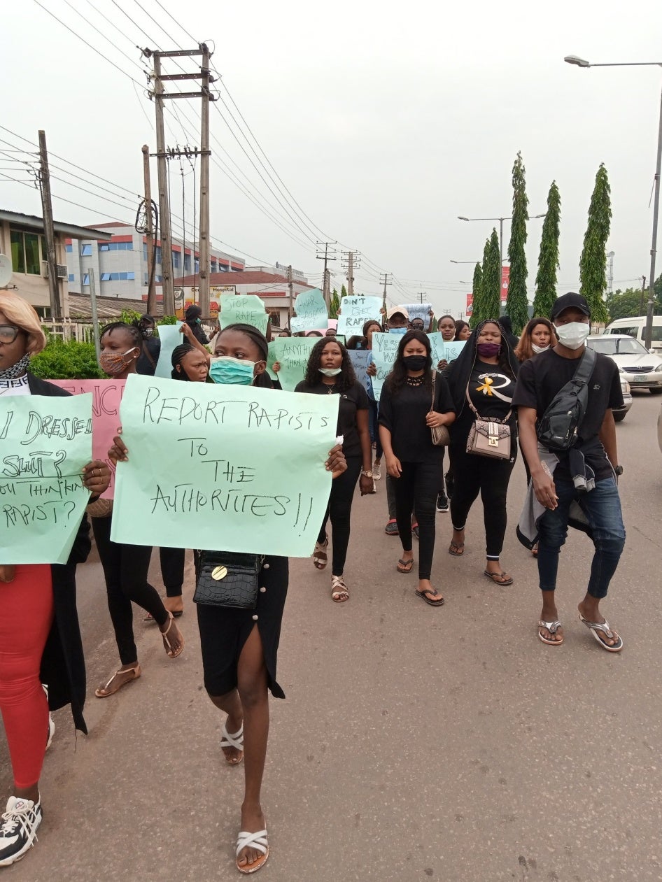 Nigerians gather to protest sexual assault and violence against women and girls on June 1, 2020. 