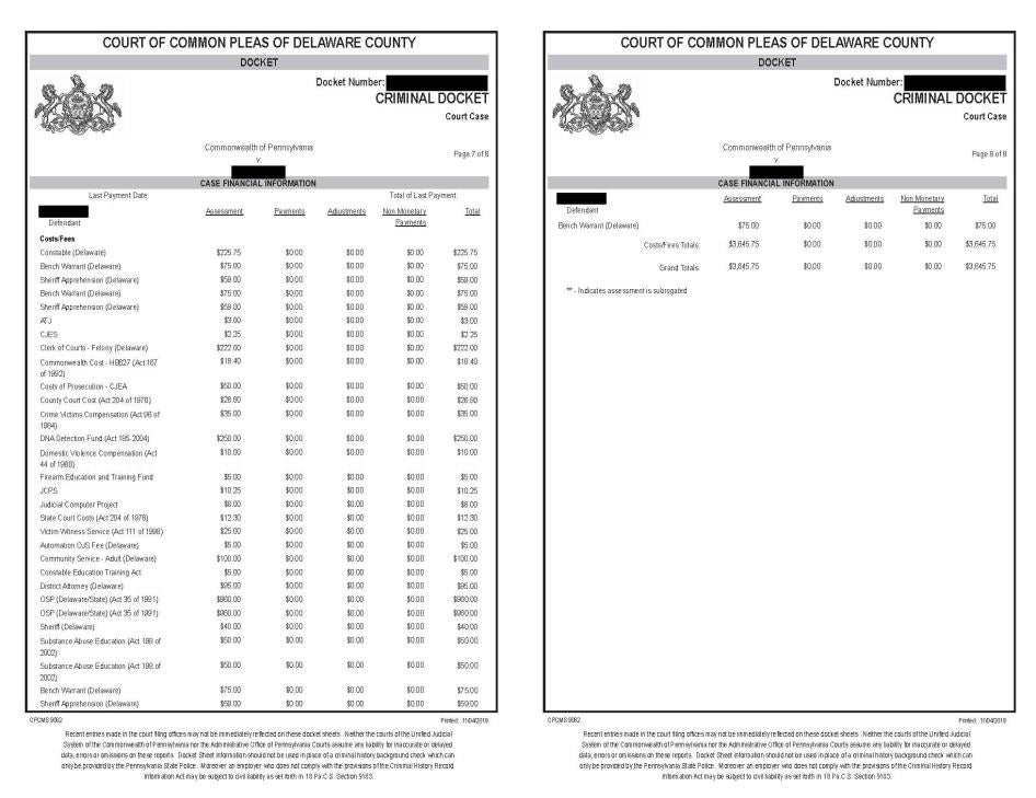 Document detailing court costs for a person under supervision