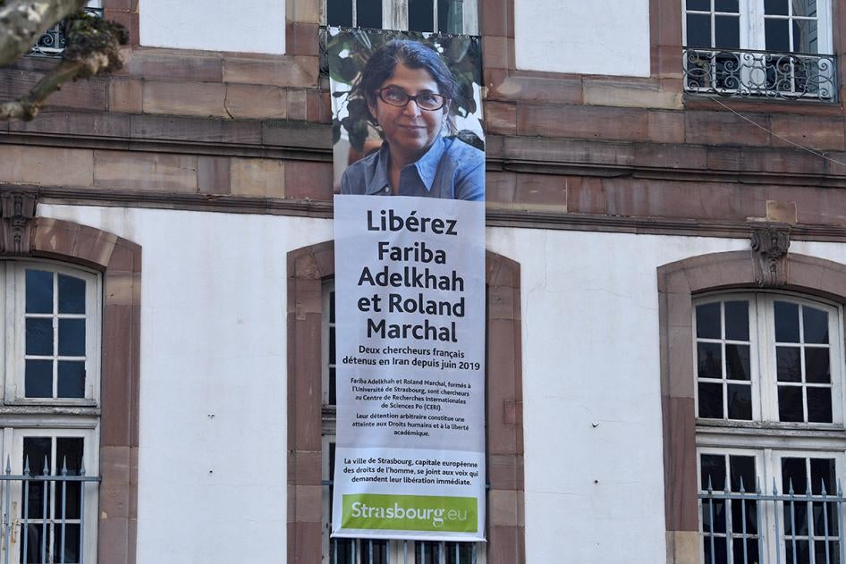 Message on the facade of the Strasbourg City Hall in France calling for the release of Fariba Adelkhah and Roland Marchal, two French scientists detained in Iran since June 2019.