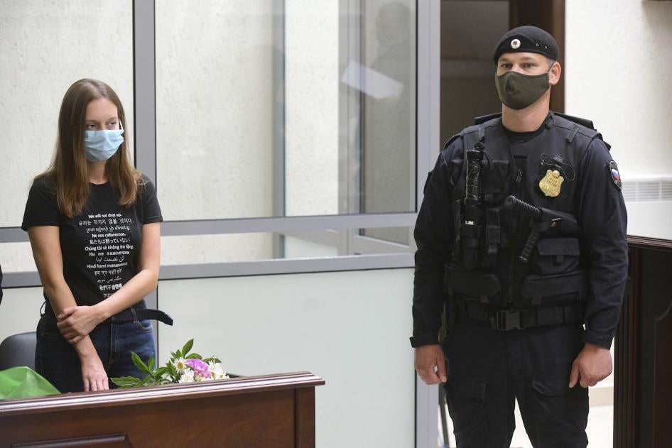 Russian journalist Svetlana Prokopyeva (left) attends the trial in the Second Western District Military Court.