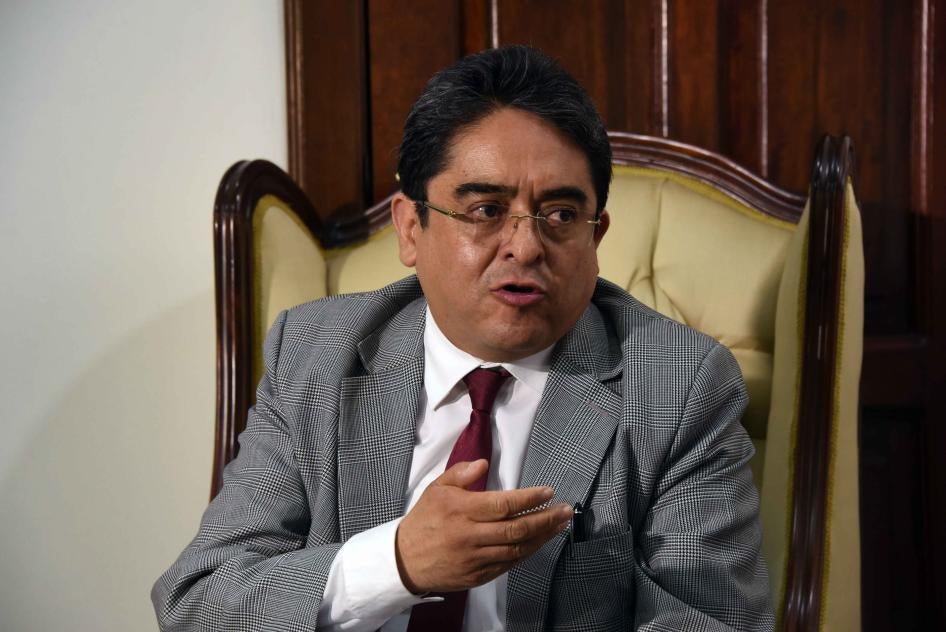 Guatemala’s Human Rights Ombudsperson Jordan Rodas speaks during a press conference after a meeting with members of the organization "proud of my PNC" (Civil National Police), formed by relatives of police officers, in Guatemala City on July 17, 2018. 