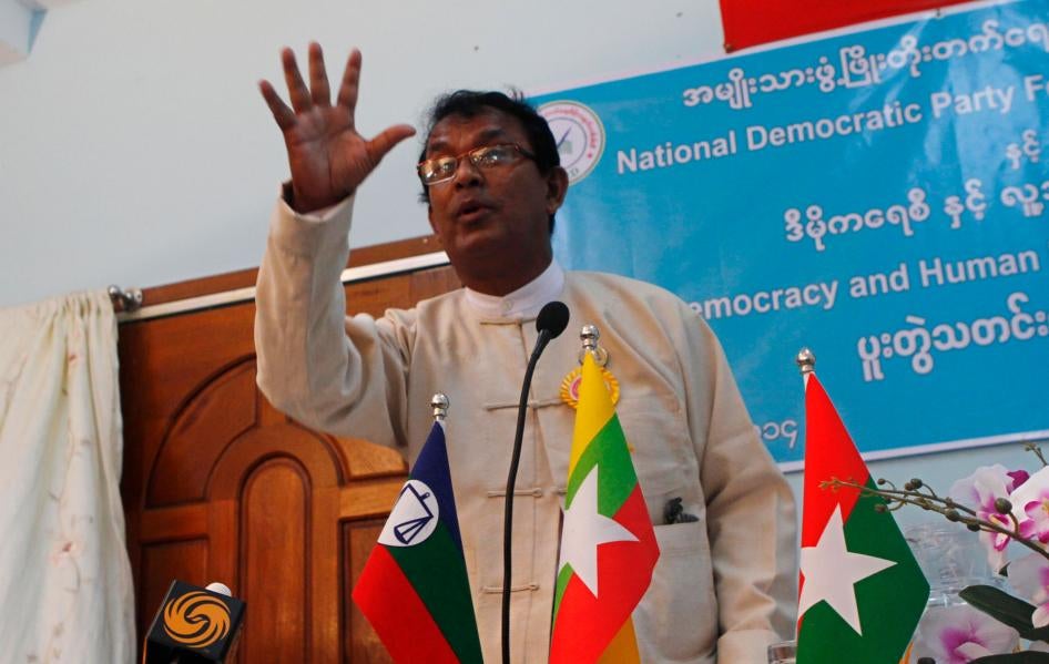 Kyaw Min, head of the Democracy and Human Rights Party, speaks during a press conference in Yangon, Myanmar, January 10, 2014.