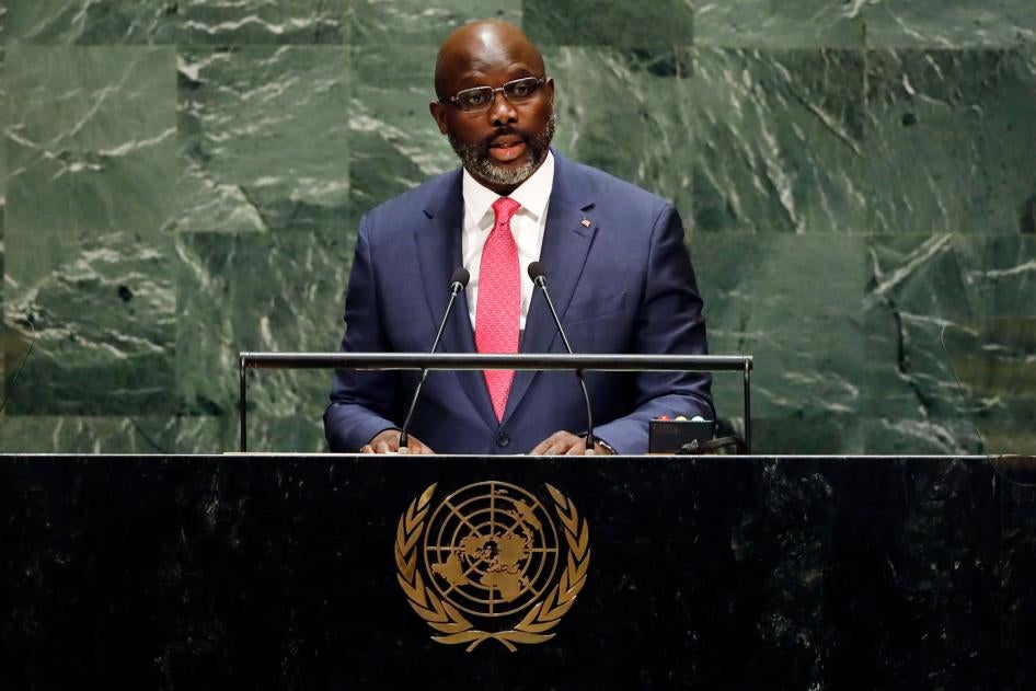 Liberia's President George Manneh Weah addresses the 74th session of the United Nations General Assembly, September 25, 2019. 