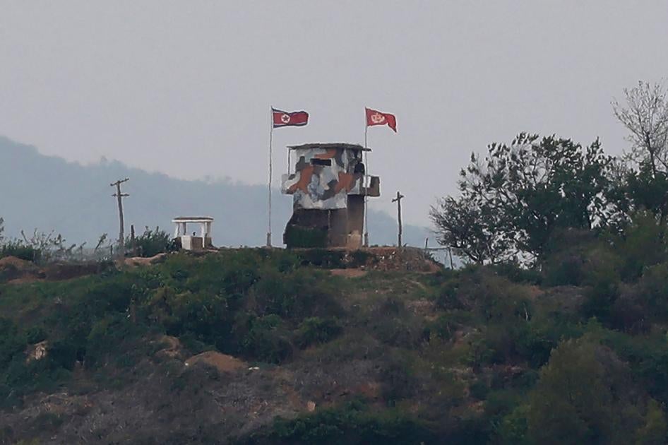 A North Korean flag flutters in the wind at a military guard post seen from the South Korean city of Paju, at the border with North Korea, May 3, 2020. 