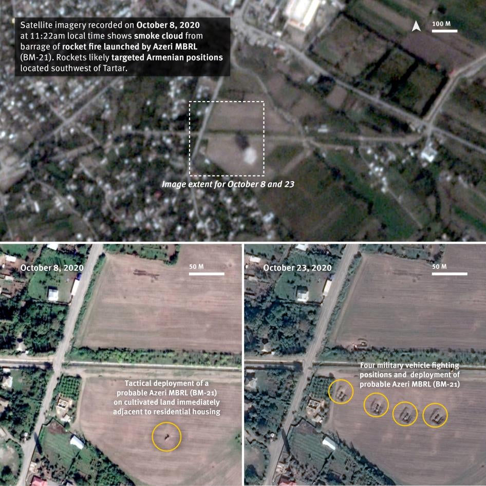 Close-up 2. Satellite imagery recorded on October 8 and 23, 2020 shows new tactical deployments on cultivated fields adjacent to residential areas of the cities of Tartar, Shalabad and Duyarli. 