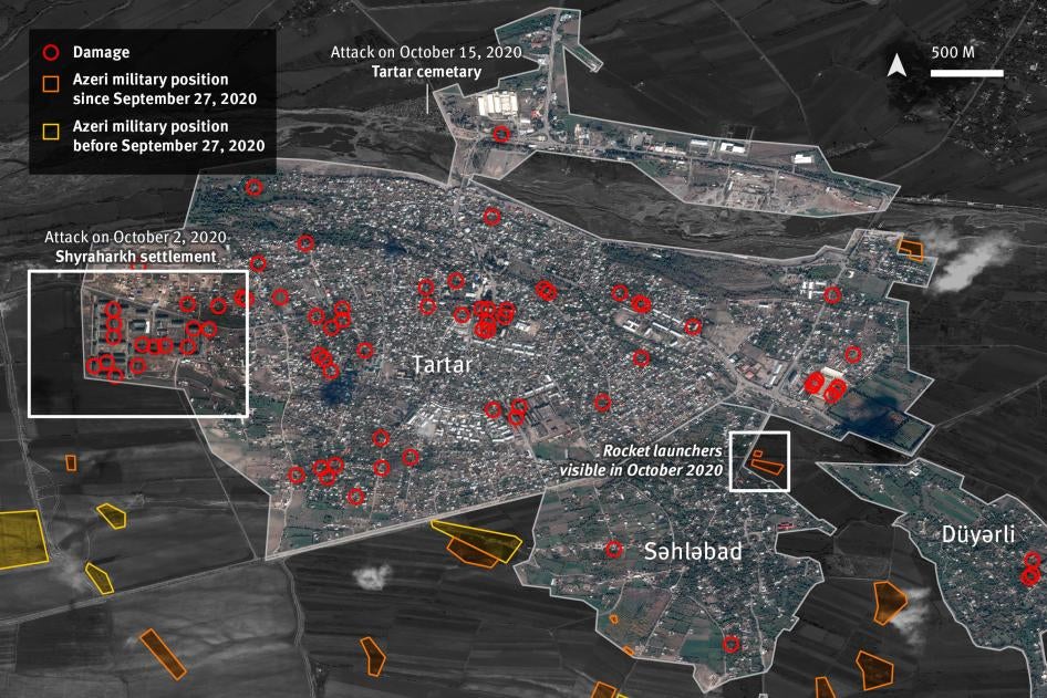 Map 2. Satellite imagery analysis of damaged sites and military positions established during October 2020 in the city of Tartar, as of October 23, 2020. 