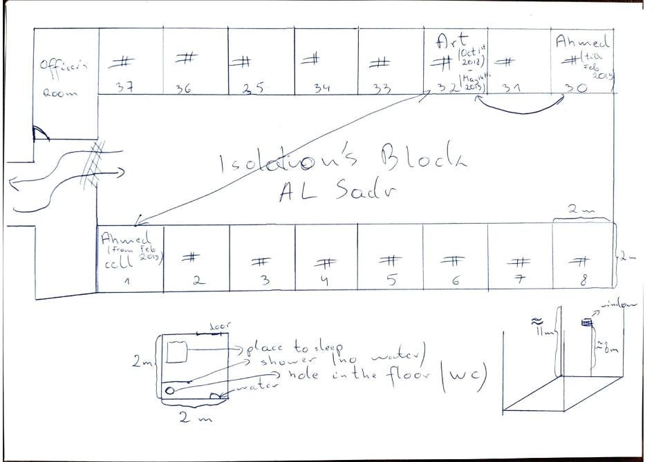 A hand-drawn sketch showing the floorplan of an isolation ward