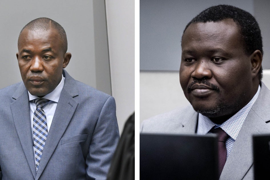 Alfred Yékatom, left, and Patrice-Edouard Ngaïssona, right, taken on Nov. 23, 2018 and Jan. 25, 2019 respectively when they appeared before the International Criminal Court (ICC) in The Hague, Netherlands.