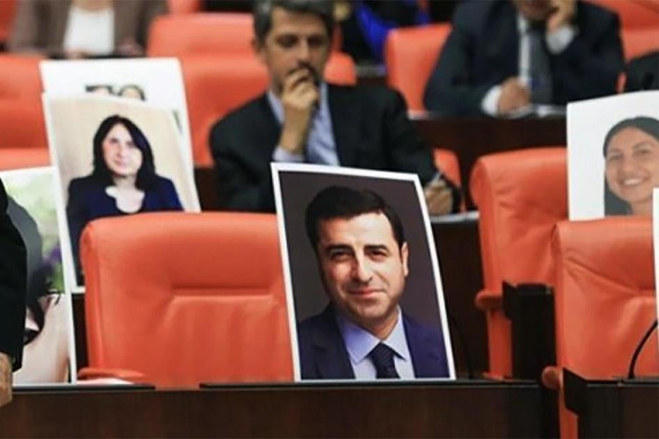 Selahattin Demirtaş, former co-chair of the Peoples’ Democratic Party (HDP), was among MPs jailed on November 4, 2016. His vacant seat in the general assembly of Turkey’s parliament is shown here marked with his photo.