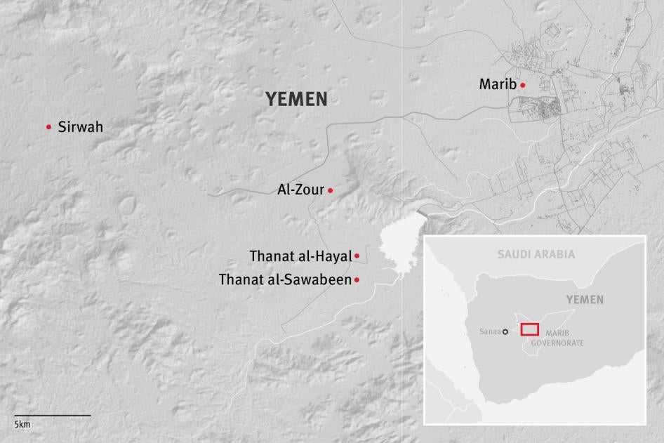 Map showing several camps for displaced people in the Marib governorate