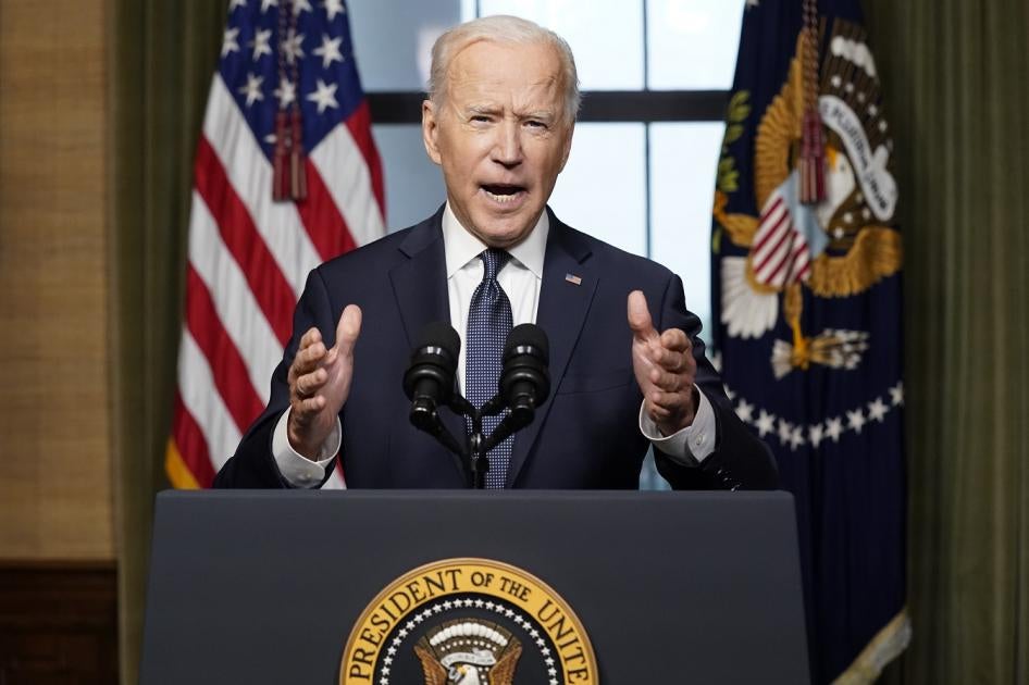 President Joe Biden speaks from the Treaty Room in the White House on Wednesday, April 14, 2021, about the withdrawal of the remainder of U.S. troops from Afghanistan. 