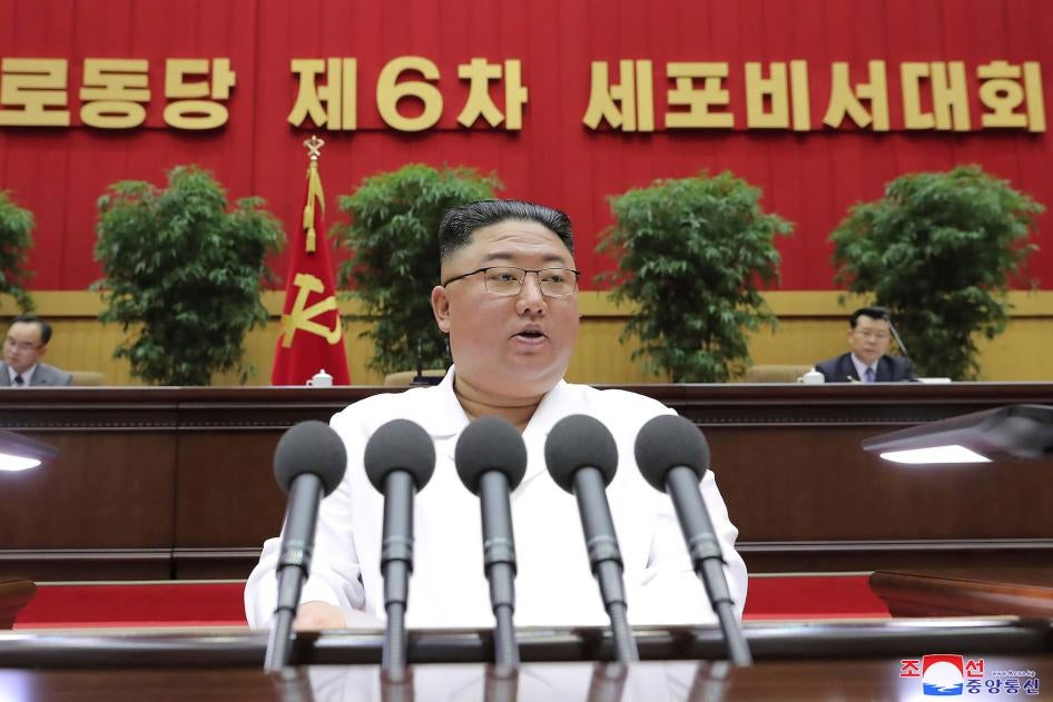 North Korean leader Kim Jong Un delivers a closing speech at the Sixth Conference of Cell Secretaries of the Workers' Party of Korea in Pyongyang, North Korea, April 8, 2021. 