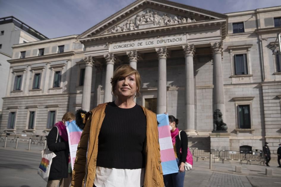 The president of the Trans Platform Federation, Mar Cambrollé seen during a rally to pass the so-called 'Trans Law' in the Congress of Deputies in Madrid. 