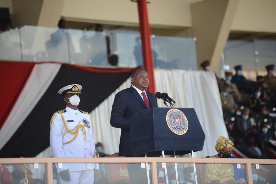 Kenya's president Uhuru Muigai Kenyatta, delivers his keynote speeches at Nyayo Stadium in Nairobi during the 57th Jamhuri Day (in swahili Republic Day) celebration on December 12, 2020. 