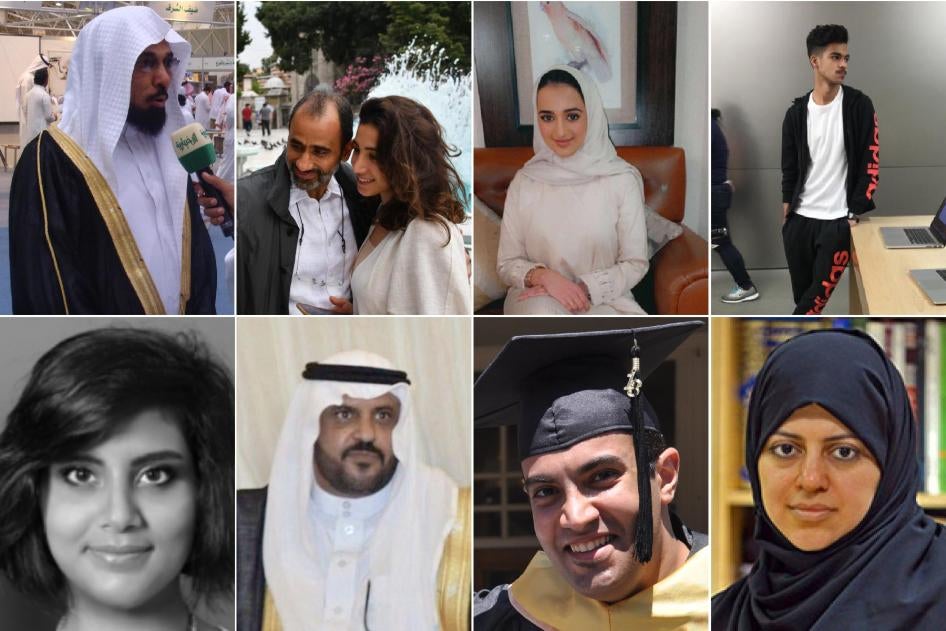 Top, left to right: Salman Al-Awda, Dr. Walid Fitaihi and his daughter, Sarah Jabri, and Omar Jabri. Bottom, left to right: Loujain al-Hathloul, Mohammed al-Otaibi, Abdelrahman al-Sadhan, and Nassima al-Sadah.