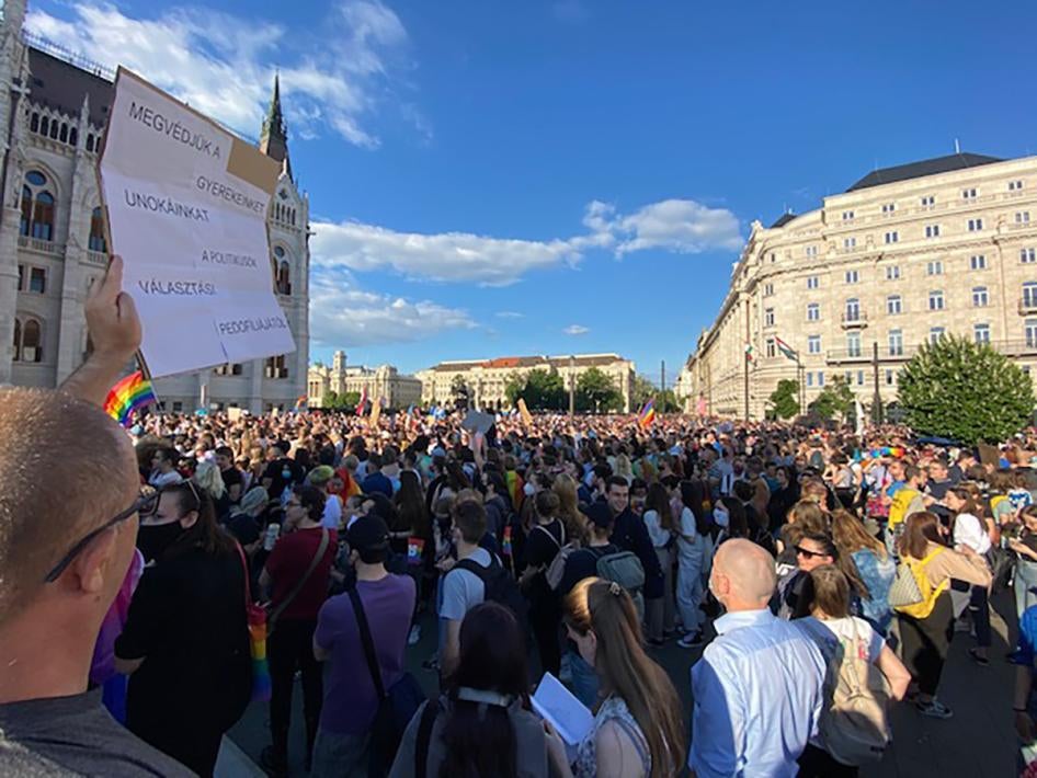 Thousands protest the anti-LGBT law in Budapest, Hungary, June 14, 2021. 